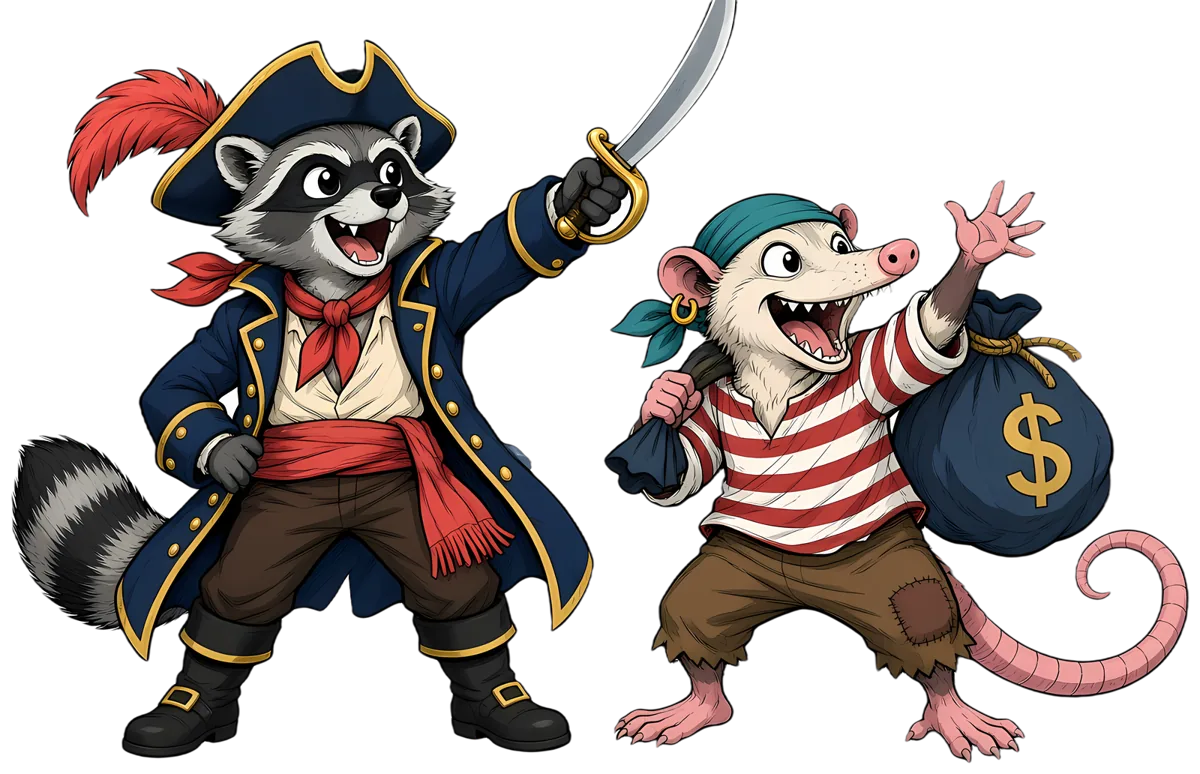 Captain Ringtail the raccoon and First Mate Possum, the Rum and Ringtails pirate crew