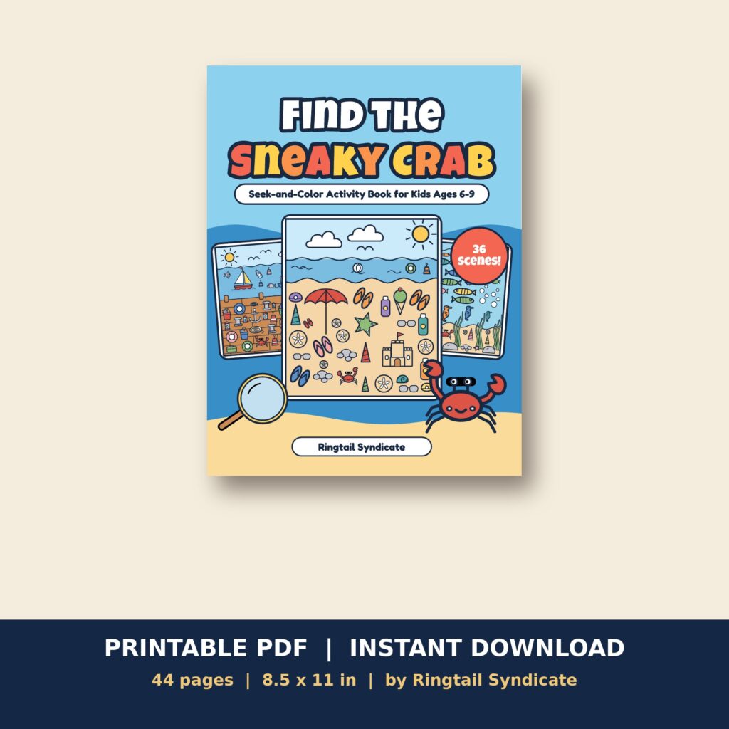 Find the Sneaky Crab: Printable Seek-and-Color Ocean Activity Pages for Kids 6-9 (PDF)