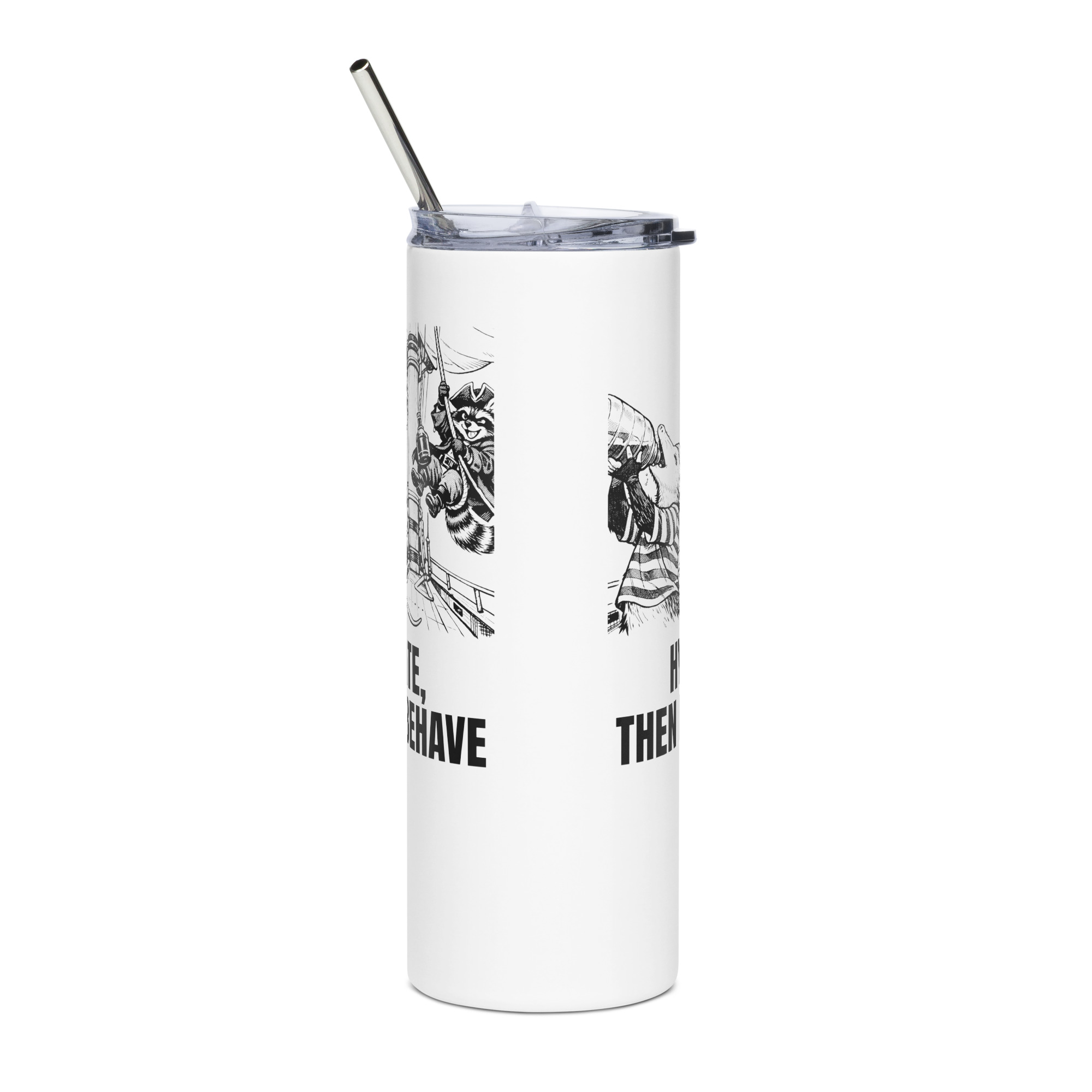 Hydrate Then Misbehave Tumbler, 20 oz Insulated Boat Cup, Funny Sailor Drinkware, Possum Raccoon Gift - Image 2