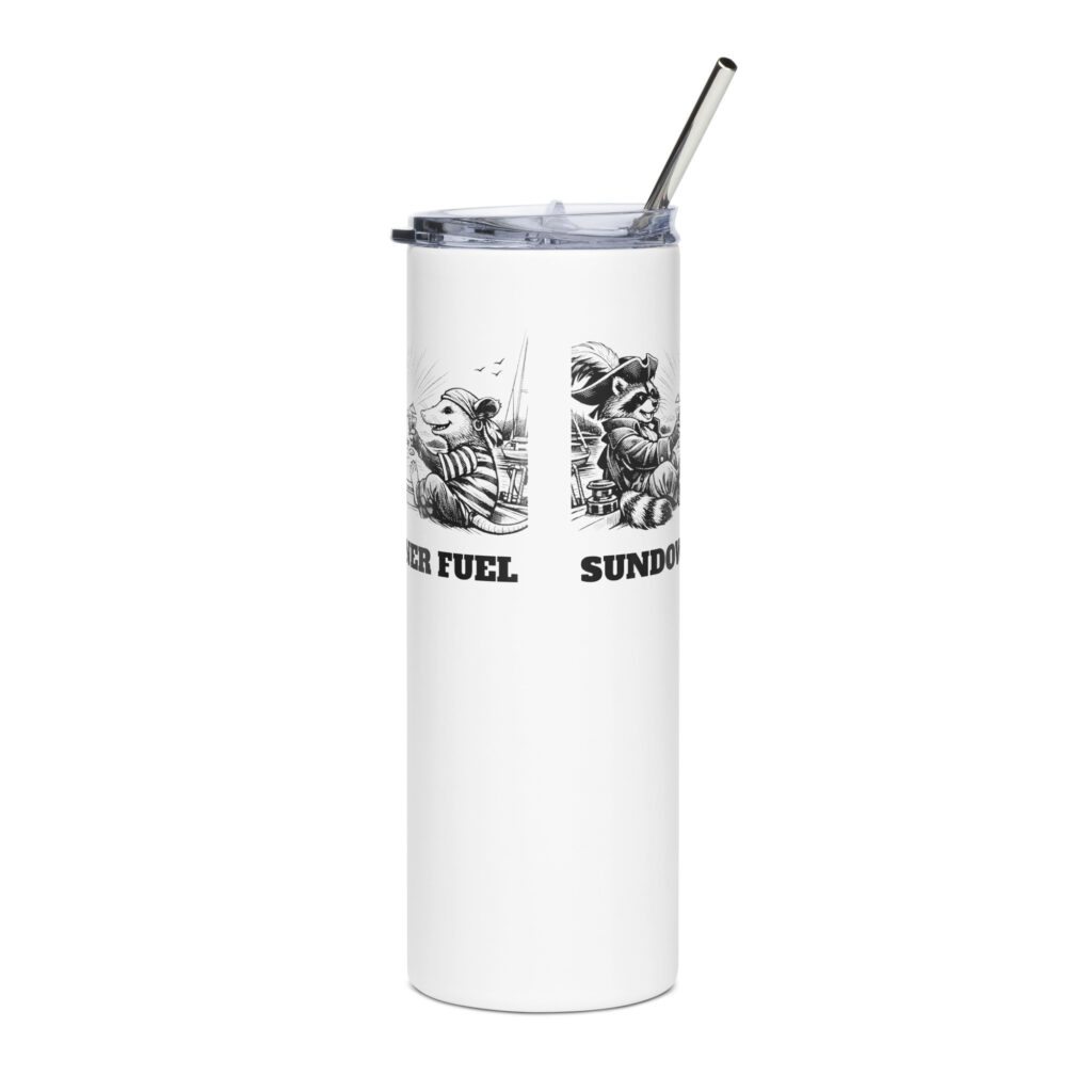 Sundowner Fuel Tumbler, 20 oz Insulated Boat Cup, Funny Sailing Drinkware, Raccoon Pirate Gift