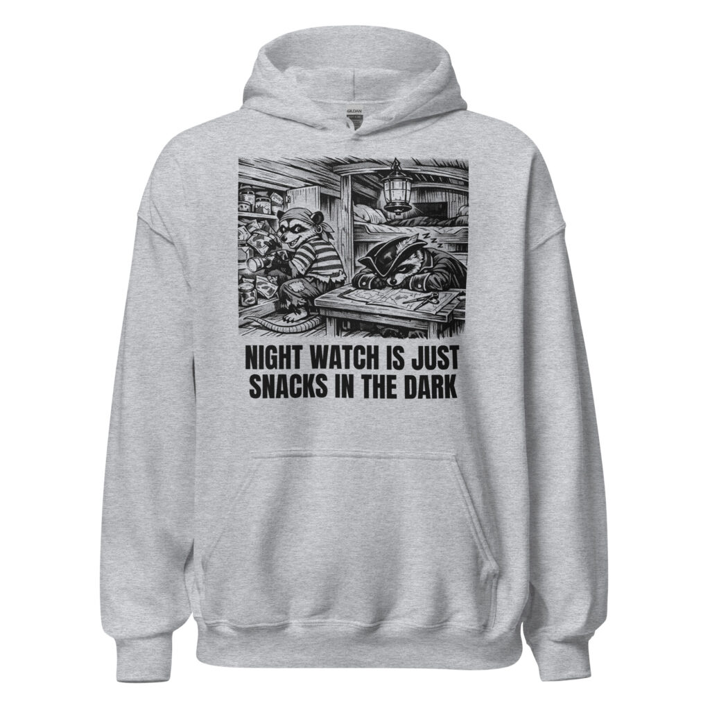 Night Watch Is Just Snacks In The Dark Hoodie, Funny Sailing Sweatshirt, Possum Raccoon Pirate Crew, Boat Humor Gift