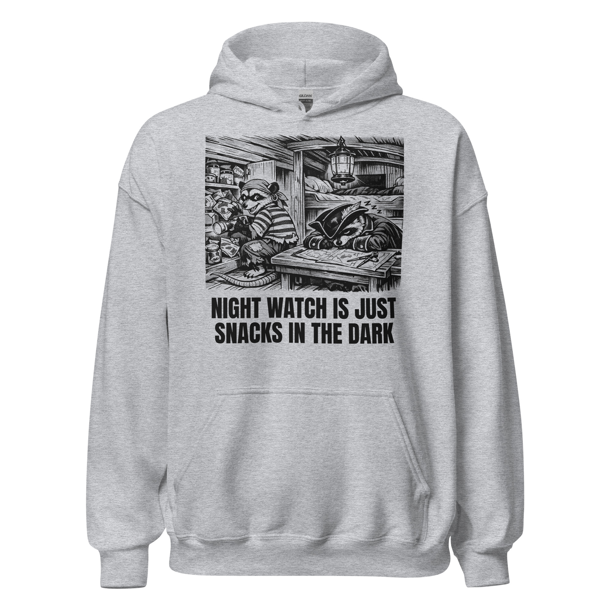Night Watch Is Just Snacks In The Dark Hoodie, Funny Sailing Sweatshirt, Possum Raccoon Pirate Crew, Boat Humor Gift