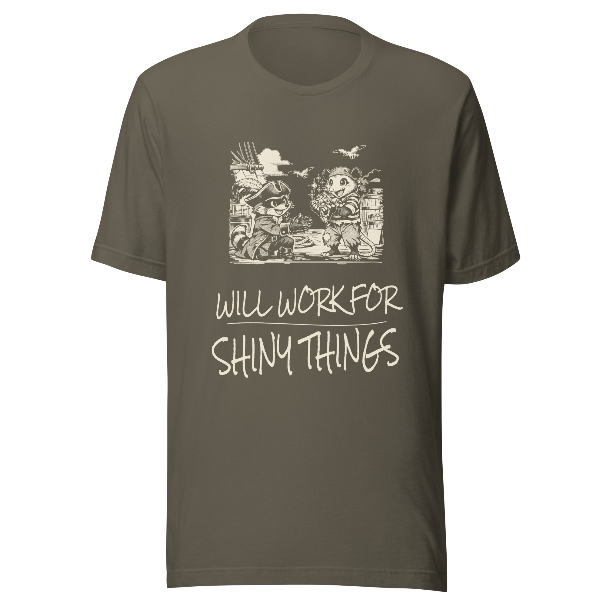 Will Work for Shiny Things Shirt, Funny Raccoon Pirate Tee, Anti Work Humor T-Shirt, Opossum Treasure Gift, Manga - Image 4