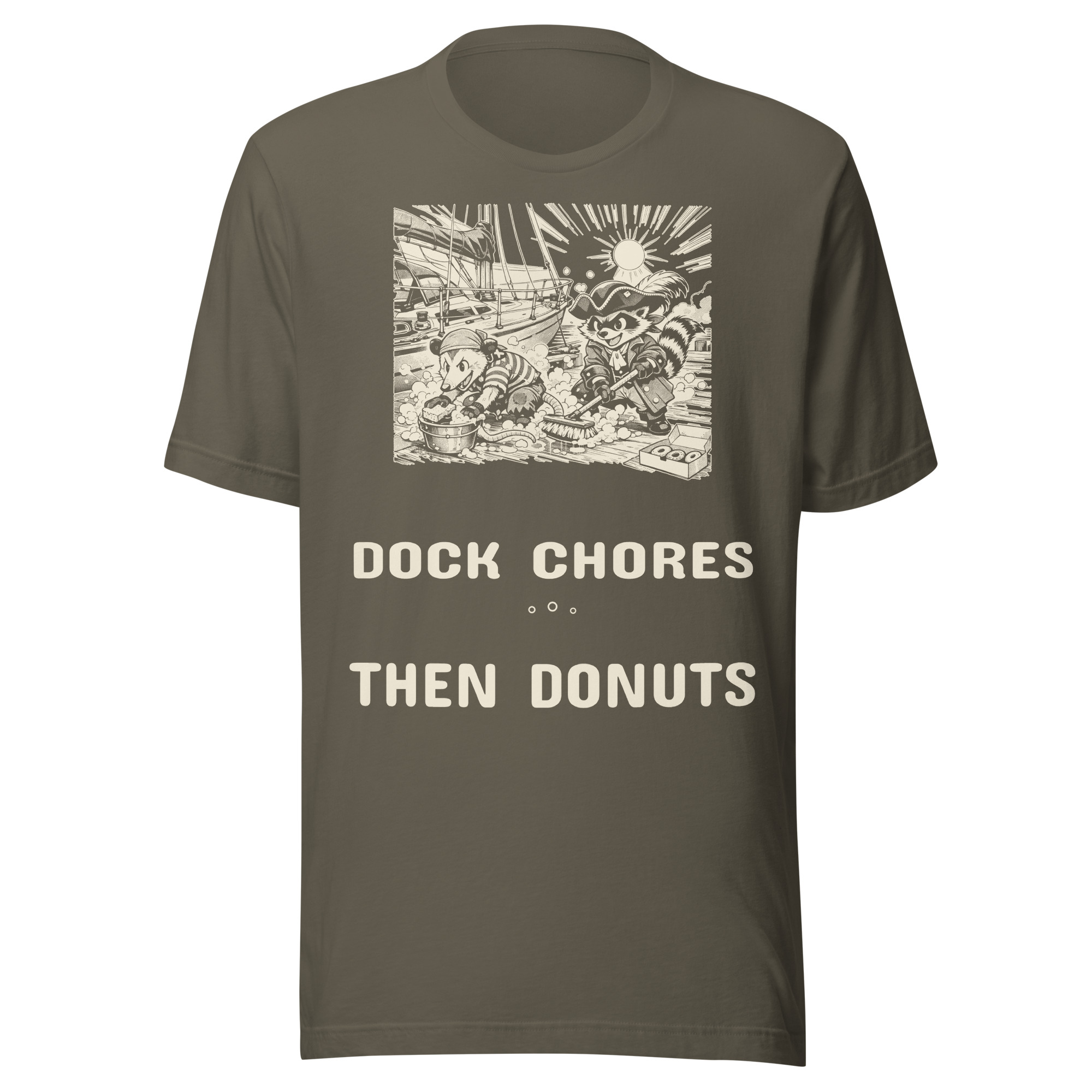 Dock Chores Then Donuts Shirt, Funny Raccoon Pirate Tee, Boat Cleaning Humor T-Shirt, Sailor Gift, Manga - Image 4