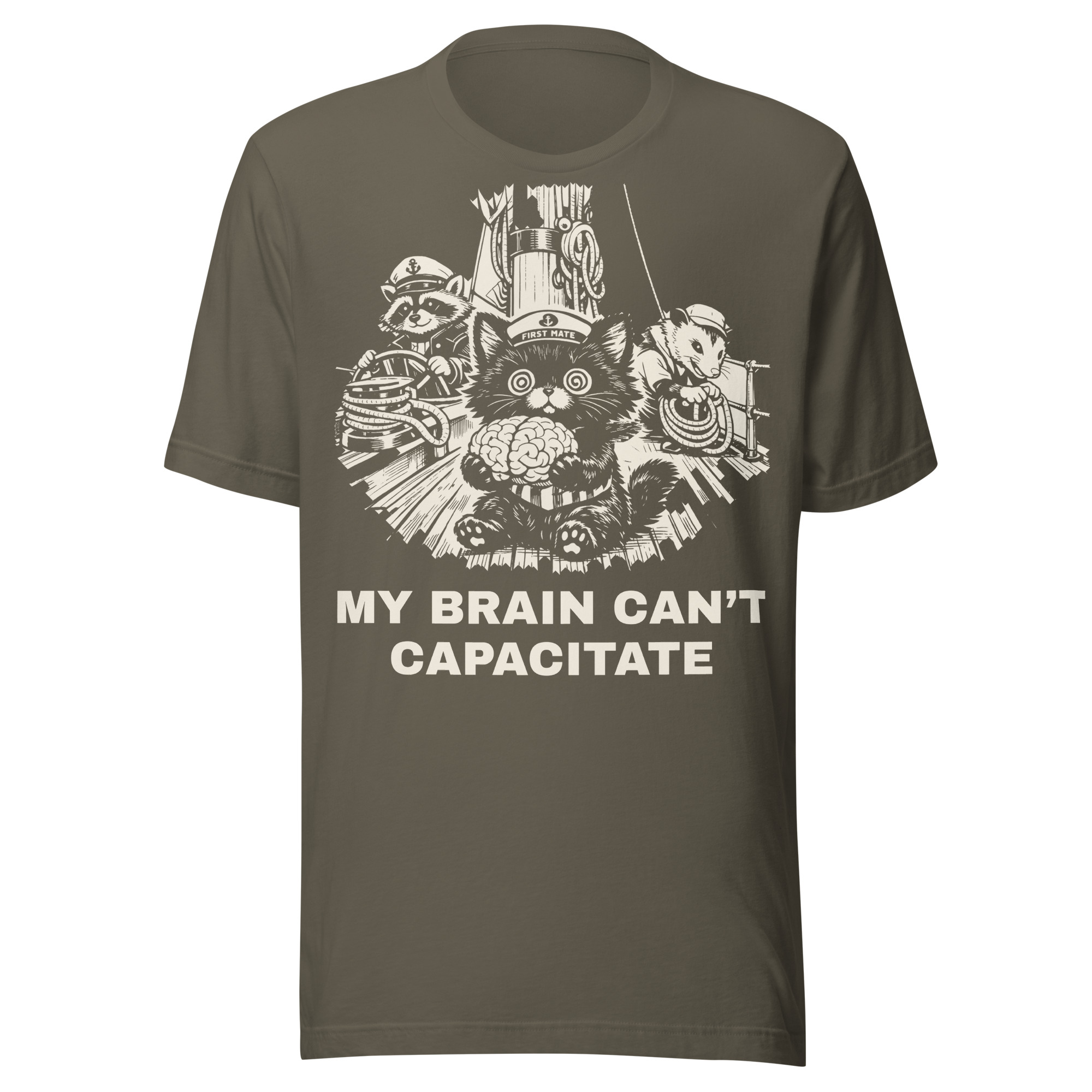 My Brain Can't Capacitate Shirt, Funny Black Cat First Mate Tee, Sailing Kitten Gift, Raccoon Pirate Boat Shirt, Cat Lover Sailor - Image 4