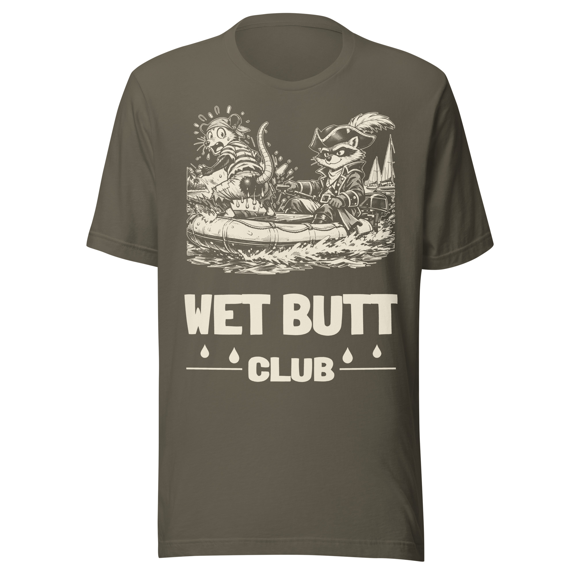 Wet Butt Club Shirt, Funny Dinghy Tee, Boat Life Humor T-Shirt, Inflatable Tender Cruiser Gift, Raccoon Possum Pirate Gift - Image 4