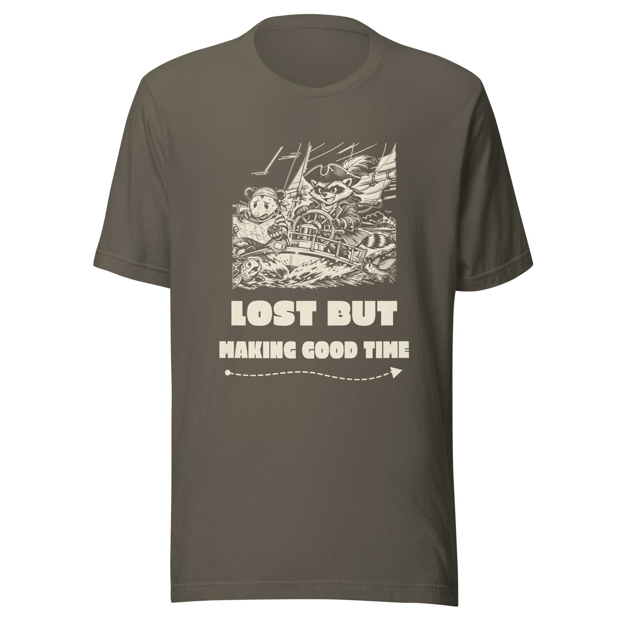 Lost but Making Good Time Shirt, Funny Sailing Tee, Navigation Humor T-Shirt, Boat Captain Gift, Raccoon Possum Pirate Gift - Image 4