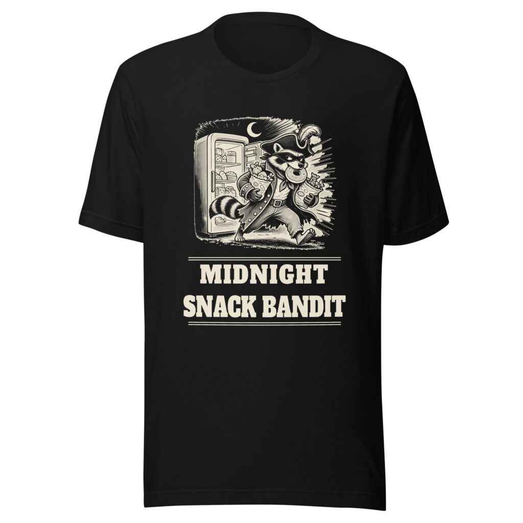 Midnight Snack Bandit Shirt, Funny Raccoon Pirate Tee, Snack Lover T-Shirt, Night Owl Raccoon Gift, Bin Bandit Raccoon Humor
