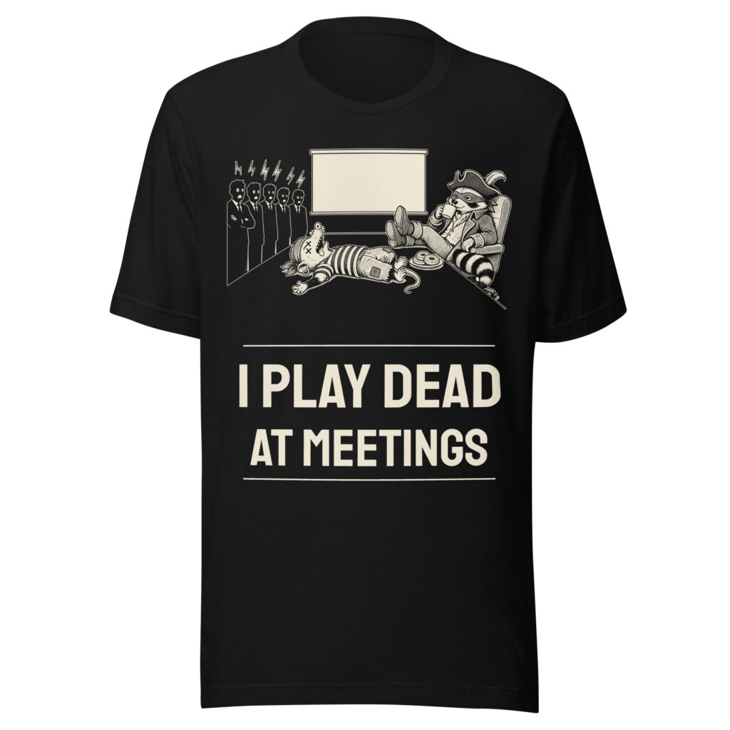 I Play Dead at Meetings Shirt, Funny Opossum Office Tee, Coworker Gift, Possum Work Humor T-Shirt, Manga Raccoon Pirate Shirt