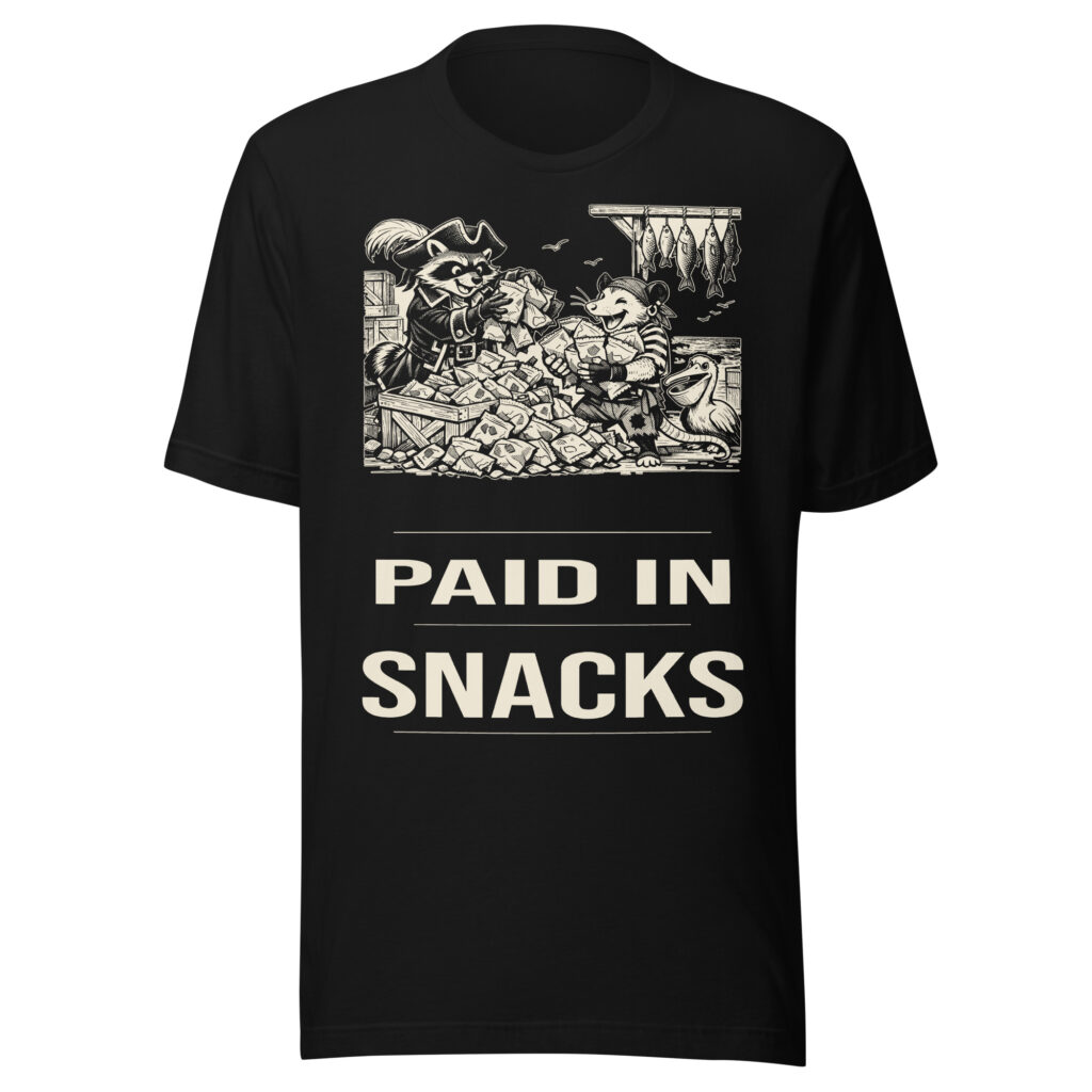 Paid in Snacks Shirt, Funny Raccoon Pirate Tee, Snack Payday Humor T-Shirt, Opossum Gift, Manga Pirate Shirt