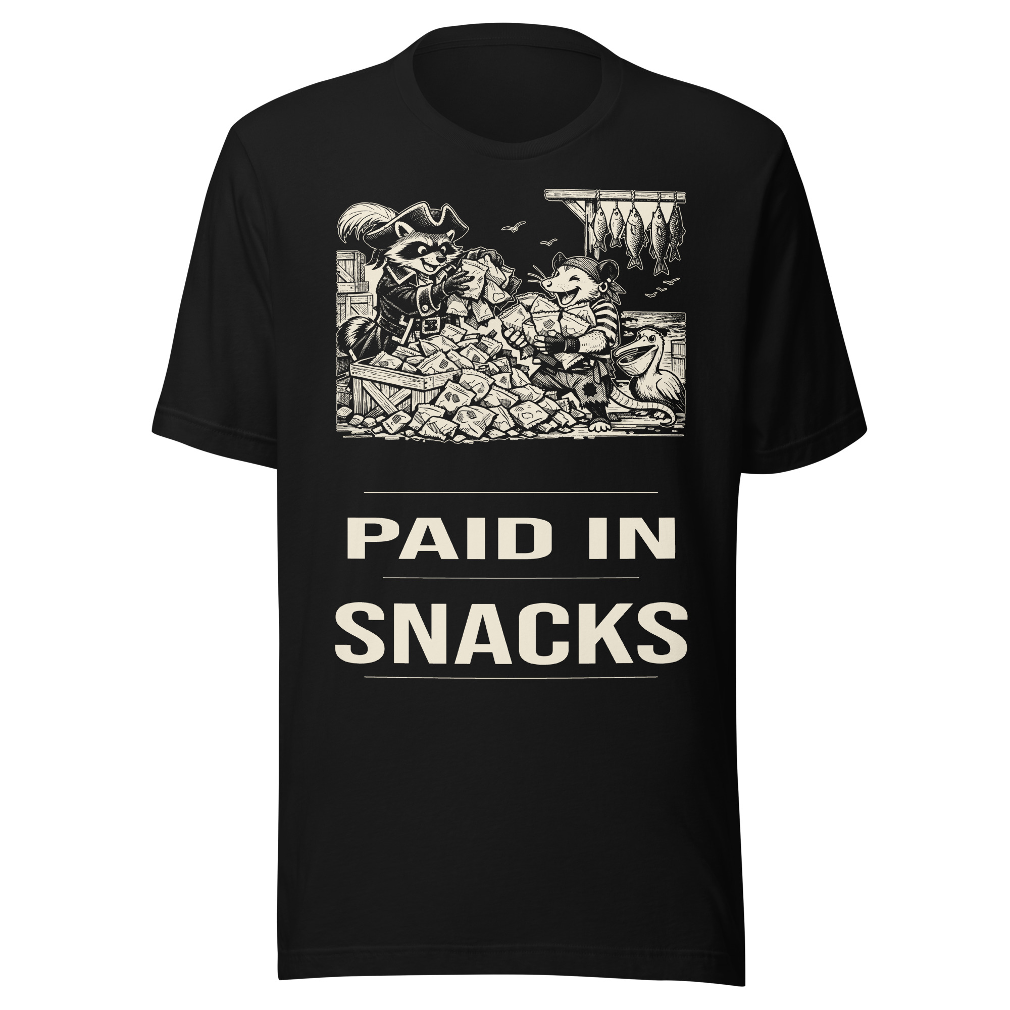 Paid in Snacks Shirt, Funny Raccoon Pirate Tee, Snack Payday Humor T-Shirt, Opossum Gift, Manga Pirate Shirt