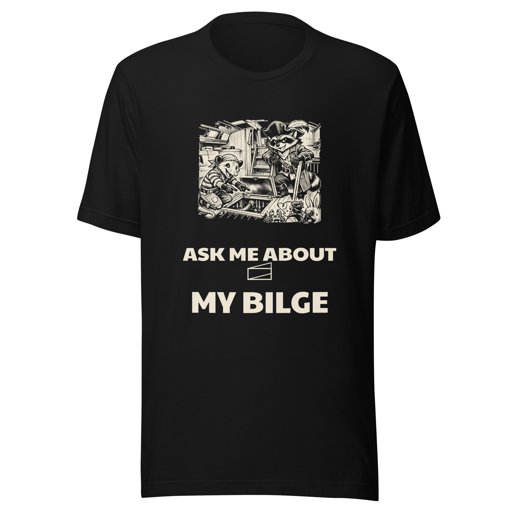 Ask Me About My Bilge Shirt, Funny Boat Owner Tee, Raccoon Possum Pirate Gift, Sailing Humor Manga T-Shirt