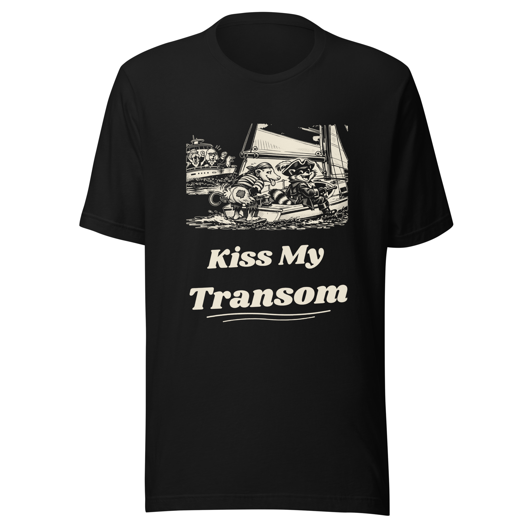 Kiss My Transom Shirt, Funny Sailing Tee, Cheeky Possum Pirate T-Shirt, Sailboat Owner Gift, Raccoon Pirate Shirt
