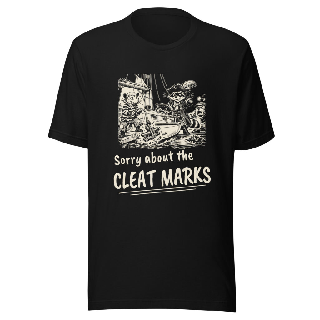 Sorry About the Cleat Marks Shirt, Funny Docking Fail Tee, Cheeky Boat Humor T-Shirt, Sailor Gift, Raccoon Possum Pirate Gift