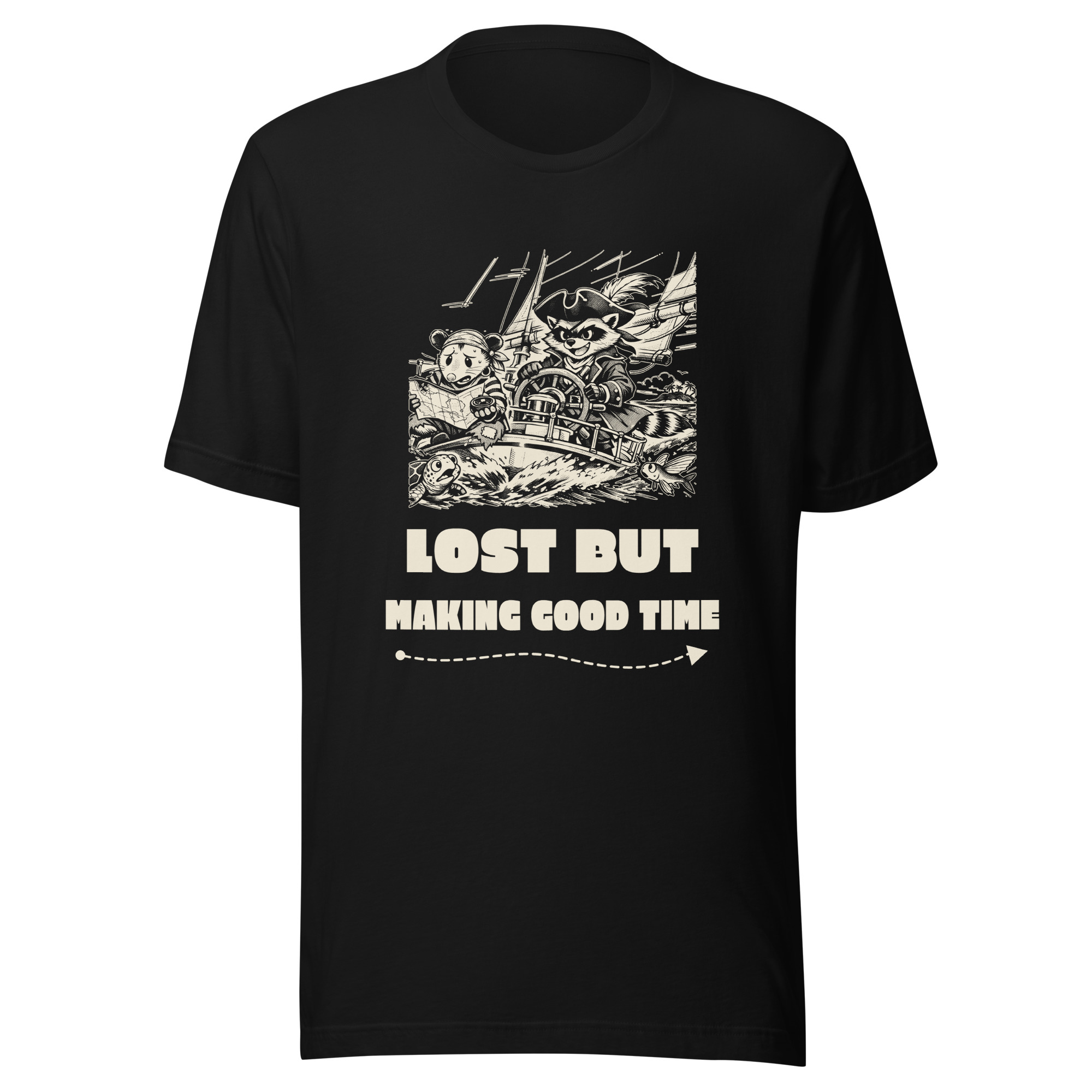 Lost but Making Good Time Shirt, Funny Sailing Tee, Navigation Humor T-Shirt, Boat Captain Gift, Raccoon Possum Pirate Gift