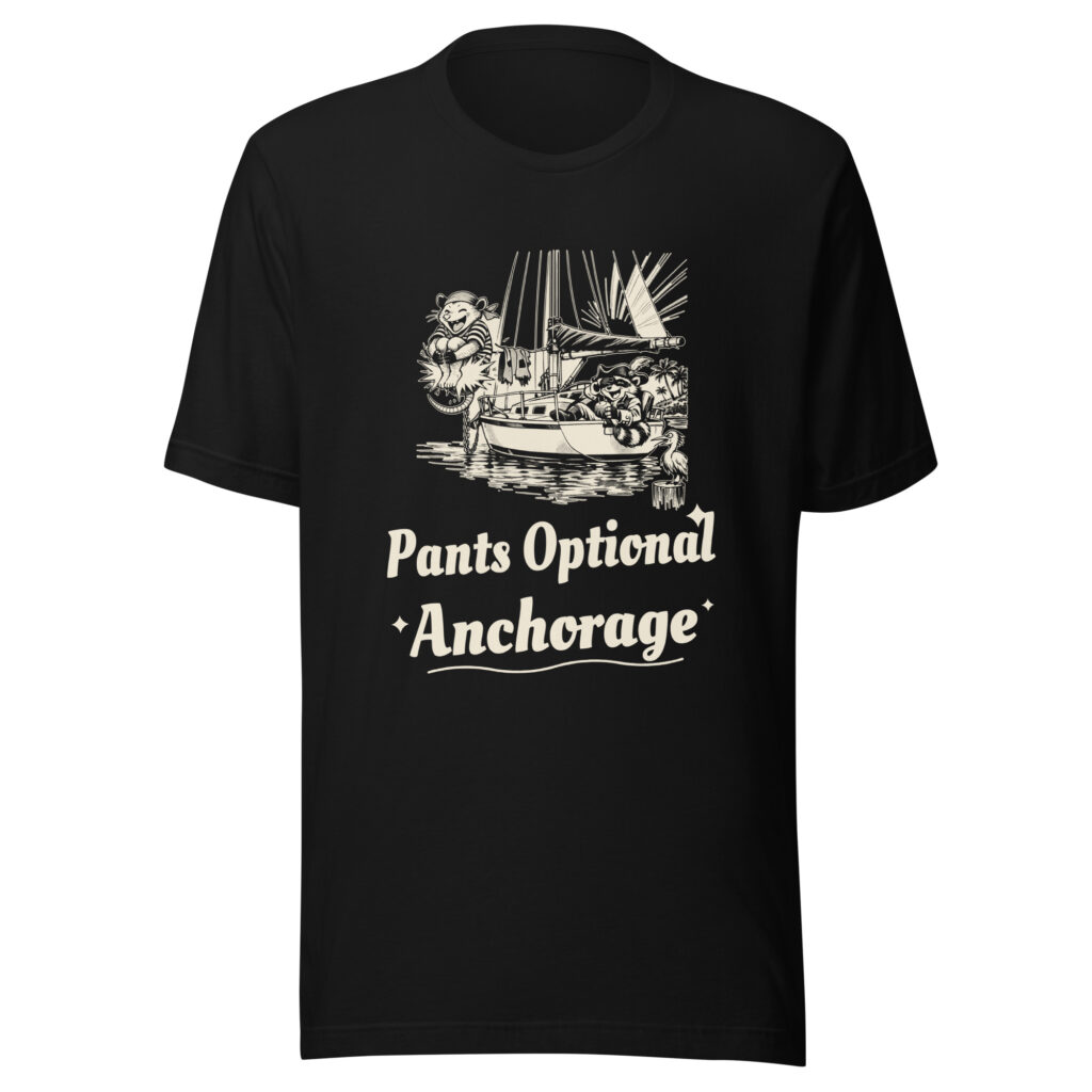 Pants Optional Anchorage Shirt, Funny Sailing Tee, Cheeky Boat Life T-Shirt, Liveaboard Cruiser Gift, Raccoon Possum Pirate Gift