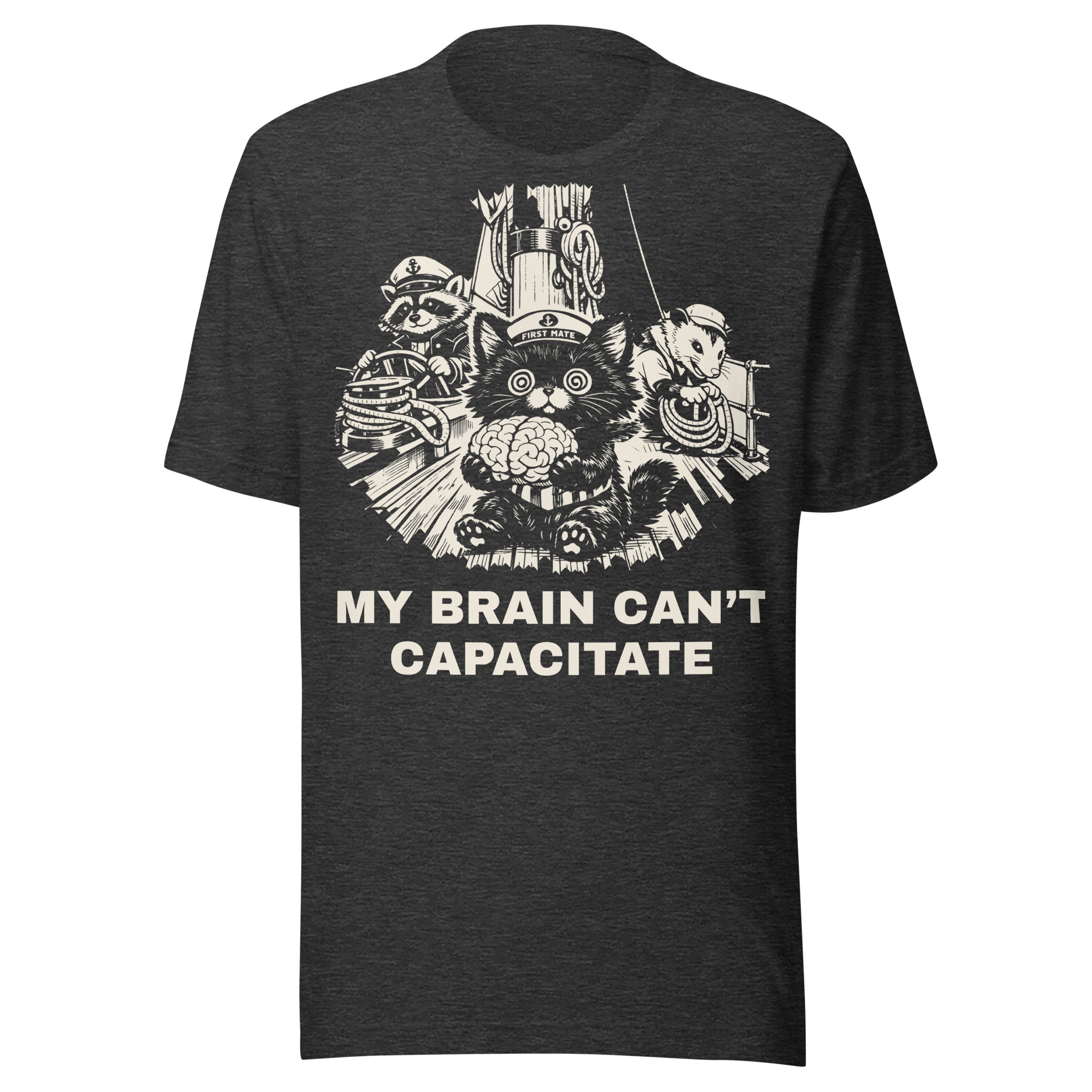 My Brain Can't Capacitate Shirt, Funny Black Cat First Mate Tee, Sailing Kitten Gift, Raccoon Pirate Boat Shirt, Cat Lover Sailor - Image 3