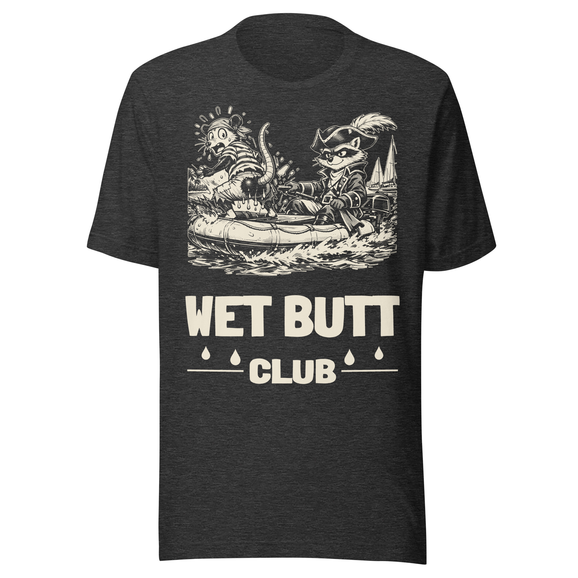 Wet Butt Club Shirt, Funny Dinghy Tee, Boat Life Humor T-Shirt, Inflatable Tender Cruiser Gift, Raccoon Possum Pirate Gift - Image 3