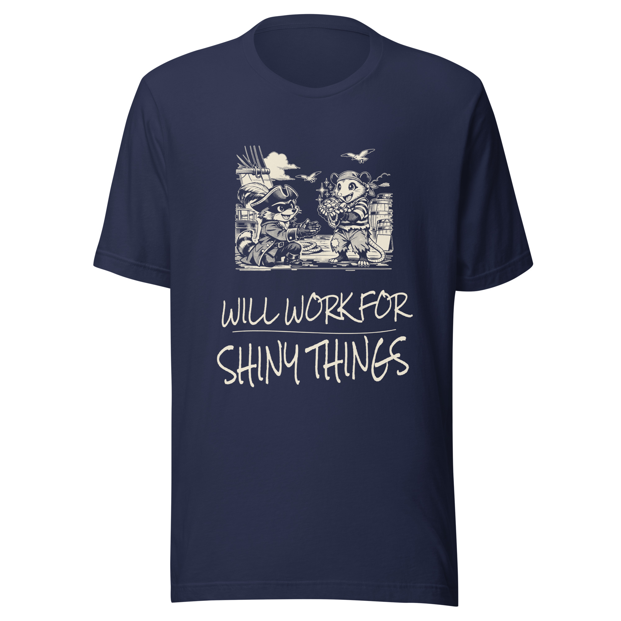 Will Work for Shiny Things Shirt, Funny Raccoon Pirate Tee, Anti Work Humor T-Shirt, Opossum Treasure Gift, Manga - Image 2