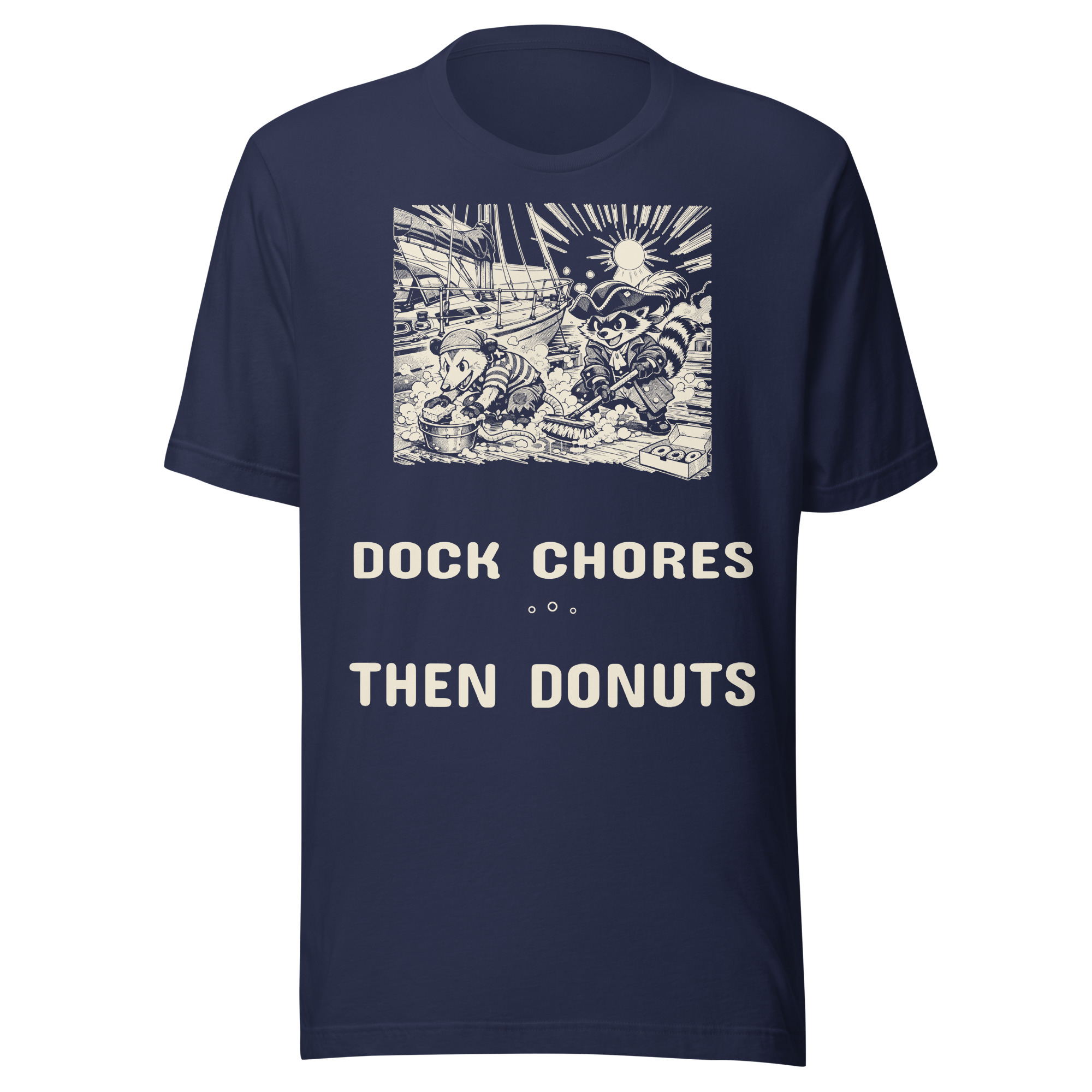 Dock Chores Then Donuts Shirt, Funny Raccoon Pirate Tee, Boat Cleaning Humor T-Shirt, Sailor Gift, Manga - Image 2