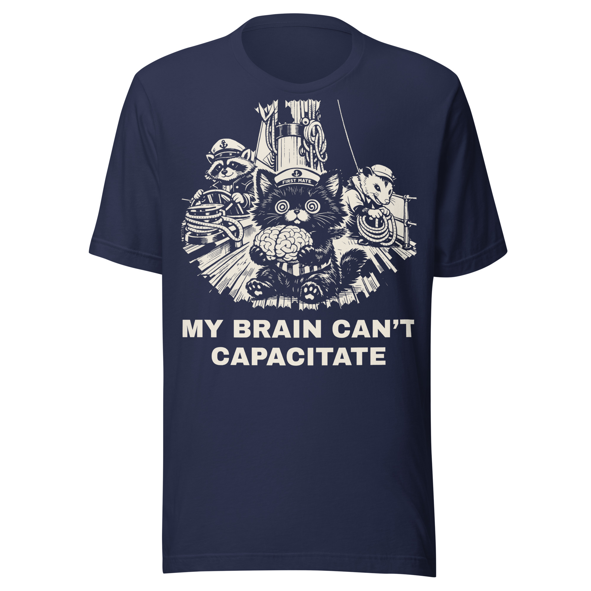 My Brain Can't Capacitate Shirt, Funny Black Cat First Mate Tee, Sailing Kitten Gift, Raccoon Pirate Boat Shirt, Cat Lover Sailor - Image 2