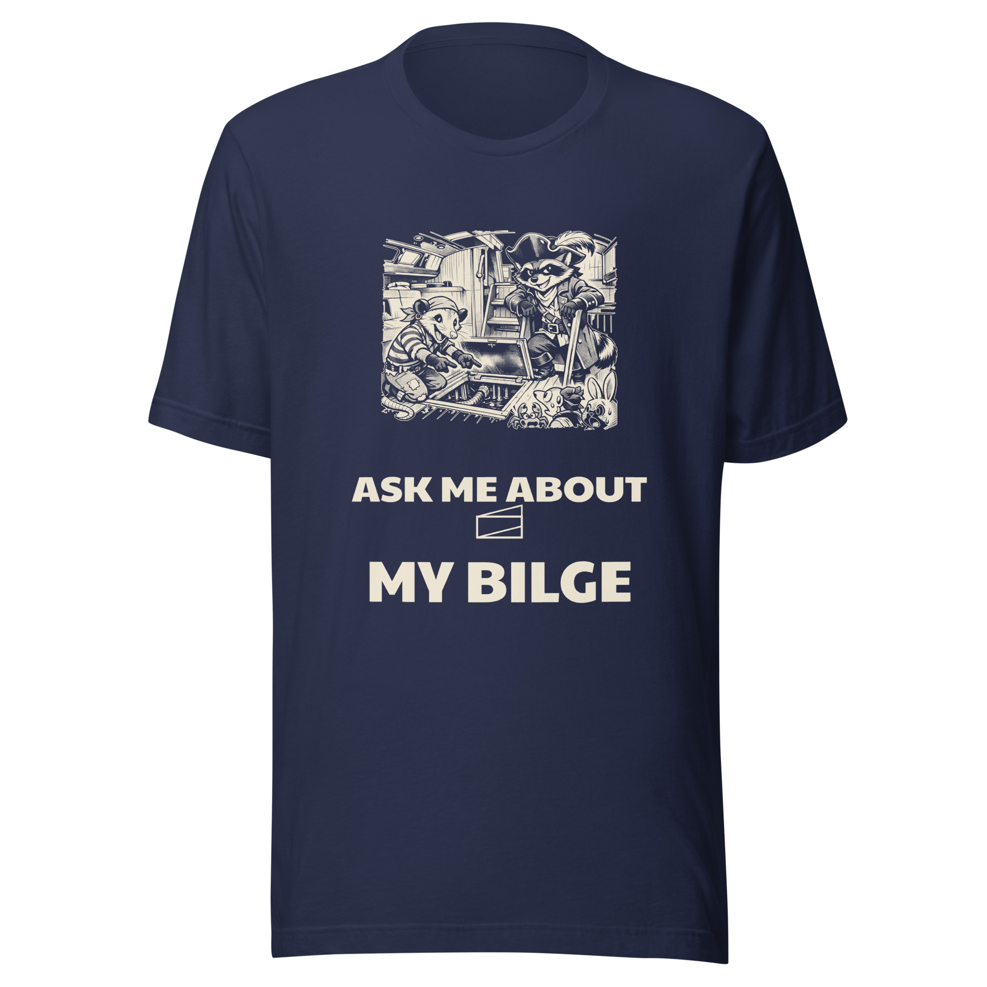 Ask Me About My Bilge Shirt, Funny Boat Owner Tee, Raccoon Possum Pirate Gift, Sailing Humor Manga T-Shirt - Image 2