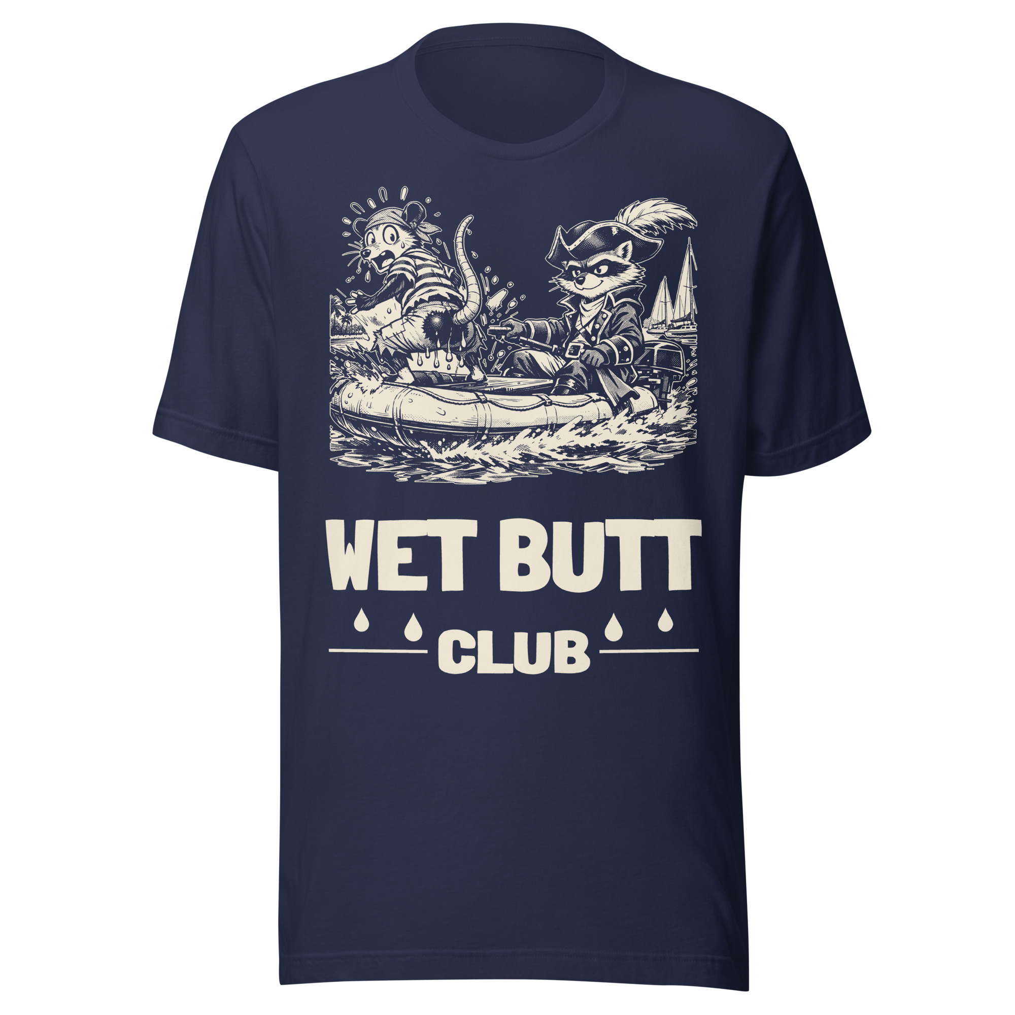 Wet Butt Club Shirt, Funny Dinghy Tee, Boat Life Humor T-Shirt, Inflatable Tender Cruiser Gift, Raccoon Possum Pirate Gift - Image 2