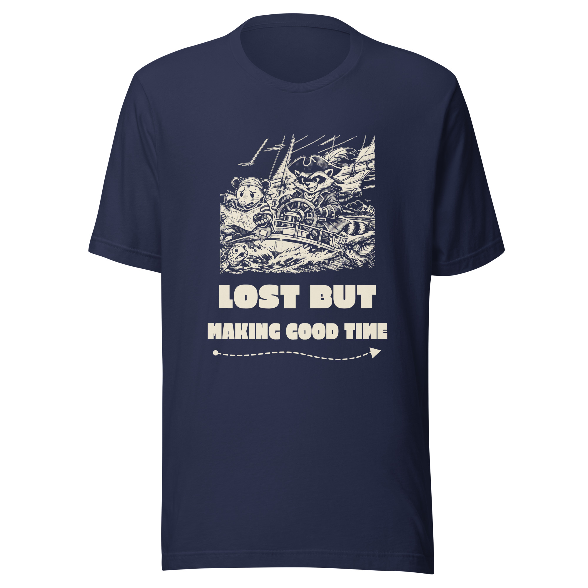 Lost but Making Good Time Shirt, Funny Sailing Tee, Navigation Humor T-Shirt, Boat Captain Gift, Raccoon Possum Pirate Gift - Image 2